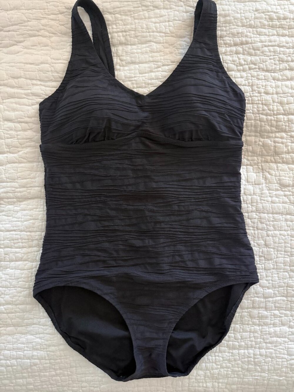 Lands End One Piece Black Swimsuit Crinkle Fabric Square Back 12L